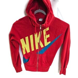 Nike Hoodie Womens XL Red Full Zip Sweatshirt Yellow‎ Swoosh Retro Logo Pullover